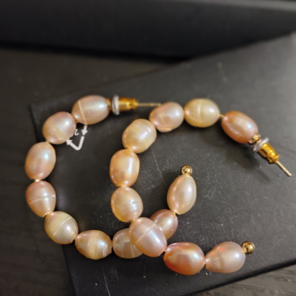 Avon Pearl Hoop Earrings - Iridescent Peach Pearl Hoops
